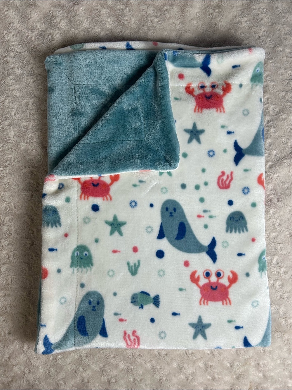 Seal Crab Jellyfish Baby Blanket Starfish Blue White Plush Soft Fish Dots Lovey